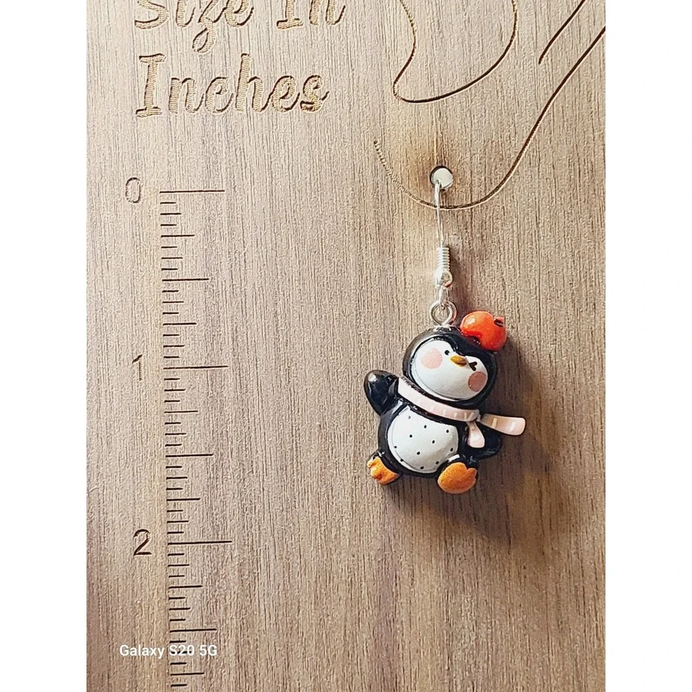 Penguin with Red Beret and‎ Scarf Winter Drop Earrings Silver Tone Hooks NEW